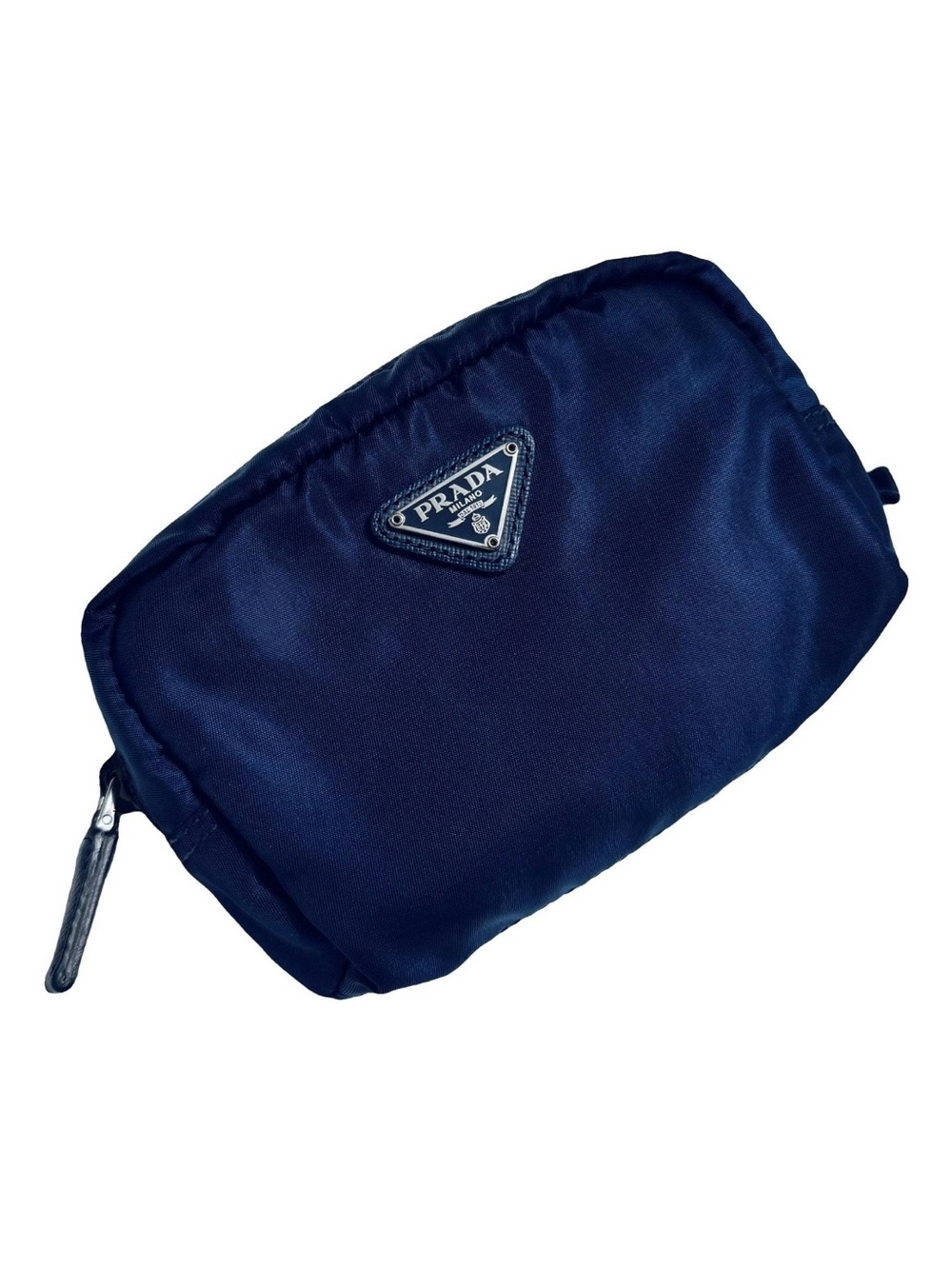 Prada AUTHENTIC Nylon Navy Blue Logo Triangle Pouch Cosmetic Case Makeup Bag